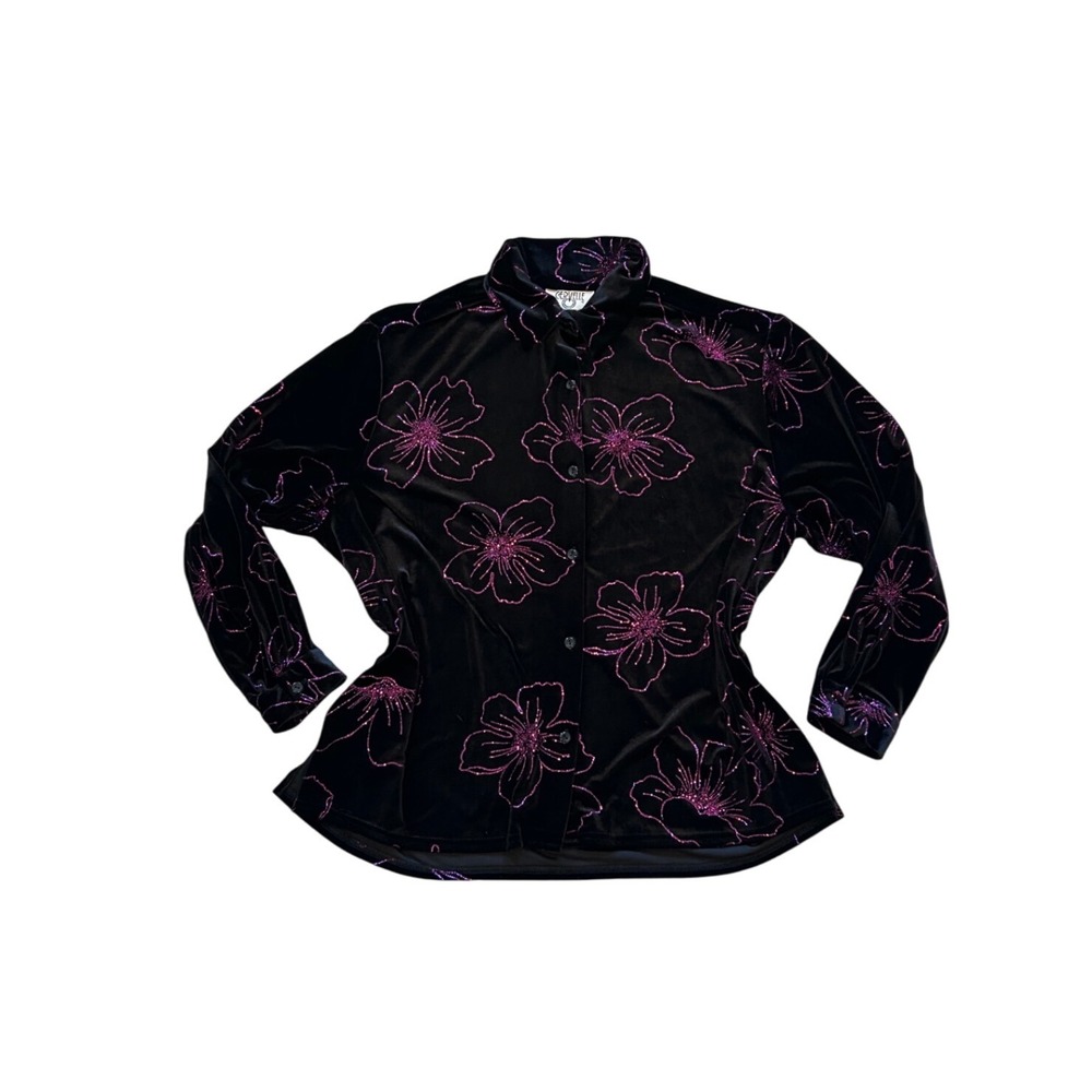 VTG Black purple velvet sparkly floral longsleeve button down shirt‎ jacket